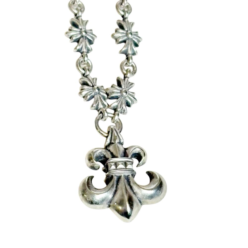 Chrome Hearts Fleur De Lis Pendent Tiny E Cross .925 Silver Necklace - Picture 2 of 8